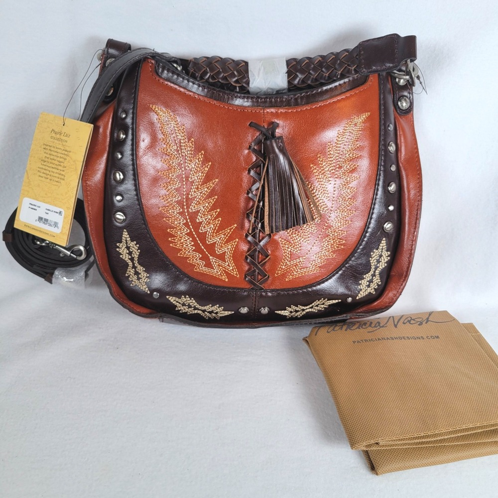Patricia Nash Women Camille Hobo Montana Leather Western Studs Size Medium Brown